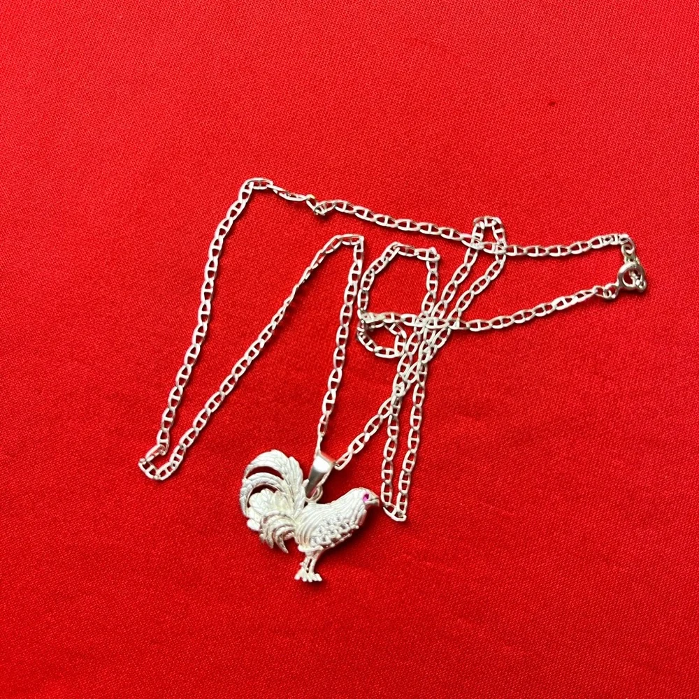 925 Sterling Silver Rooster Charm‎ Pendant Cubic zircon and chain necklace